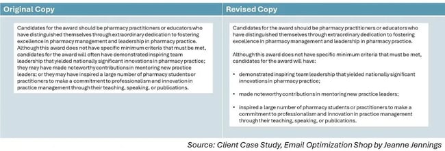original copy is long paragraph – revised copy breaks it into 2 much shorter paragraphs and 3 bullet points